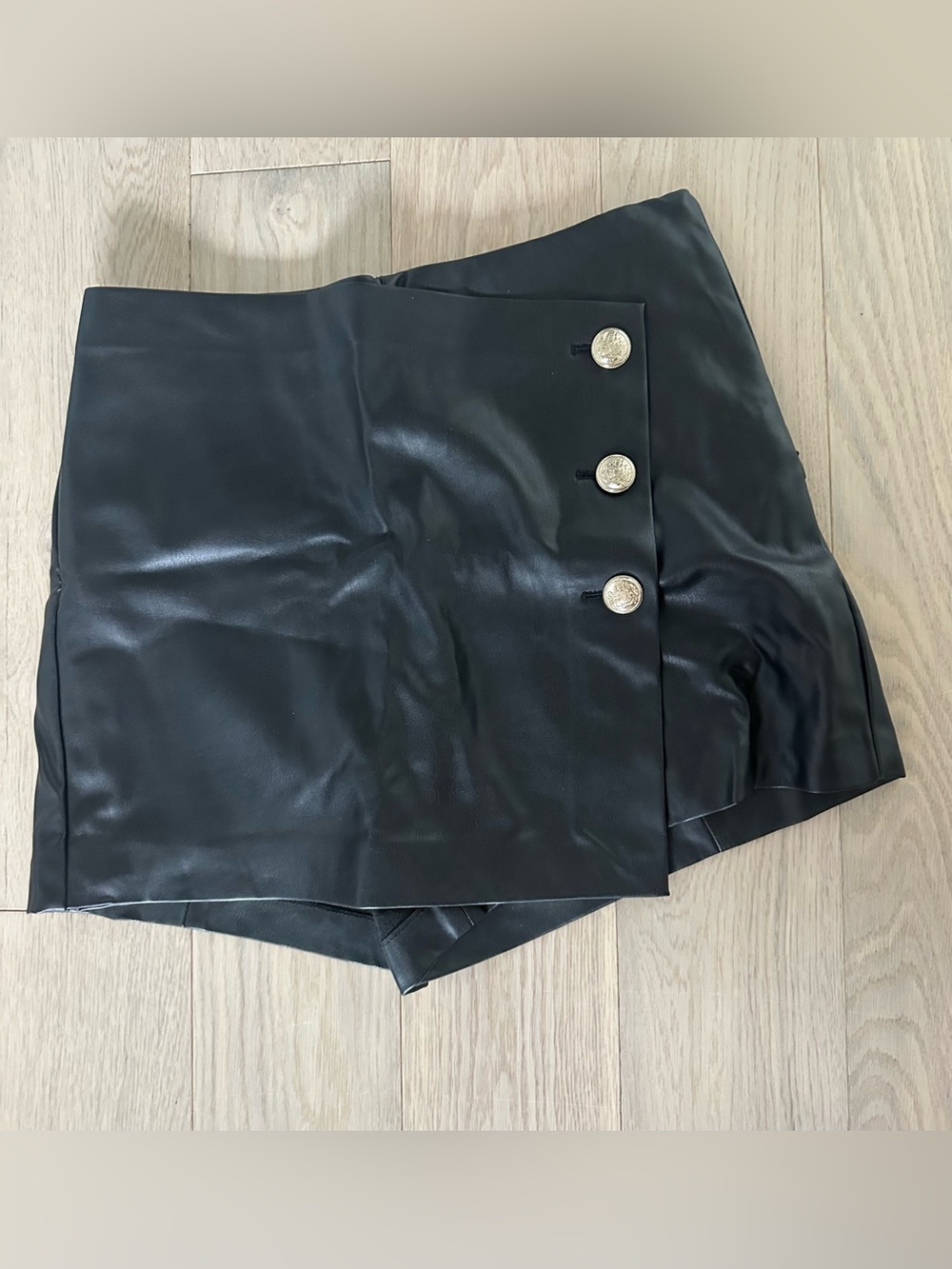 Black Faux Leather Mini Skort with Gold Buttons
